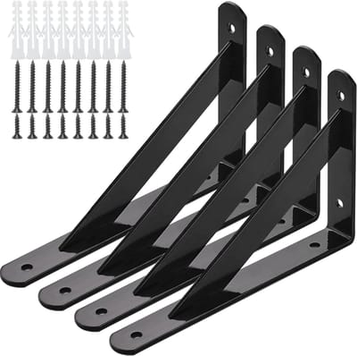 4-delige, robuuste plankdrager, 200*120 mm L-vormige ijzeren wandbeugel met schroeven, geschikt voor zwevende planken, opbergrekken en vaste scheidingswandframes, zwart.