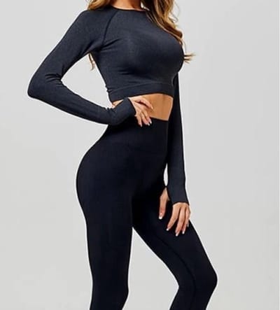 New Age Devi - "Zwarte Sportoutfit | Naadloze Legging | Croptop met Lange Mouw | High Waist | Squatproof | Maat S"