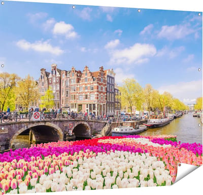Gards Tuinposter Amsterdamse Huisjes aan de Grachten - 150x120 cm - Tuindoek - Tuindecoratie - Wanddecoratie buiten - Tuinschilderij