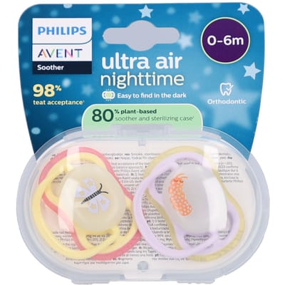 Philips Avent Ultra Air Night – Glow-in-the-dark fopspeen –(0-6 mnd) Extra luchtopeningen – 2 stuks - SCF376/25
