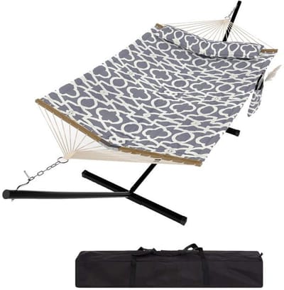 Hangmat Met Stalen Standaard - Schommelbed Outdoor - Draagtas - Afneembaar Kussen En Mat - V-Vorm Spreidstok - 200kg Draagvermogen - Voor Tuin Strand Zwembad Binnen Buiten - Lichtgrijs
