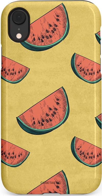 Casetastic Hoesje Geschikt voor Apple iPhone Xr - Stijlvolle Beschermende Duo-layer Case - Retro Meloengeel