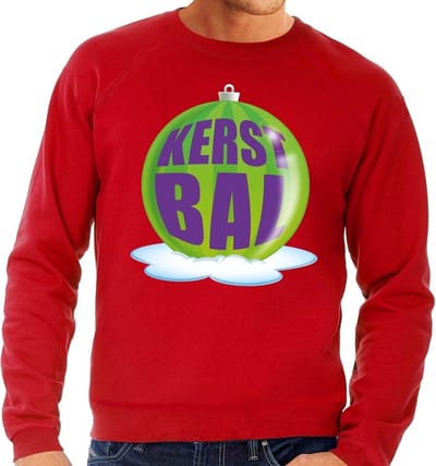 Foute kersttrui kerstbal groen op rode sweater voor heren - kersttruien S