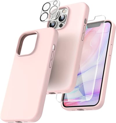 Hoesje Geschikt voor iPhone 14 Plus – Liquid siliconen backcover met 2x glazen screenprotector en camera lens protector – Licht Roze