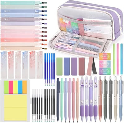 Set van 61 Esthetische Schoolbenodigdheden met Etui, Pastel Markers, Vervangbare Pennen en Gelpennen voor Studenten in Paars