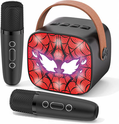 Karaoke machine voor kinderen van 3 tot 12 jaar met 2 microfoons, Bluetooth en spider design, perfect als cadeau voor jongens en meisjes, ideaal voor feestjes en speeltijd