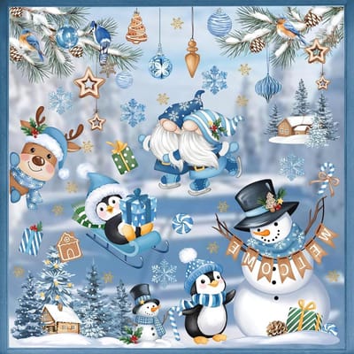 EGoods - Winter Kerst Venster Sticker met Blauwe Pinguïn, Kabouter, Sneeuwpop en Dennenboom - Anti-botsing, Dubbelzijdige Statische Raamstickers voor Kerstfeest