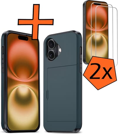 Hoesje Geschikt voor iPhone 16 Hoesje Pasjeshouder Shockproof Hard Case Met 2x Screenprotector - Hoesje Geschikt voor iPhone 16 Hoes Met Kaarthouder - Donkerblauw