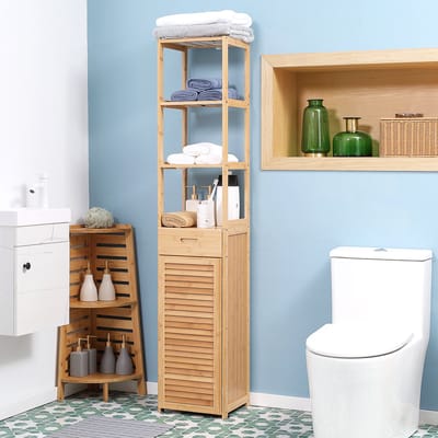 MODFU Badkamerkast - Met Lade En Open Vakken - Slank - Voor Badkamer - Bamboe - Naturel - 32 X 30 X 163 Cm