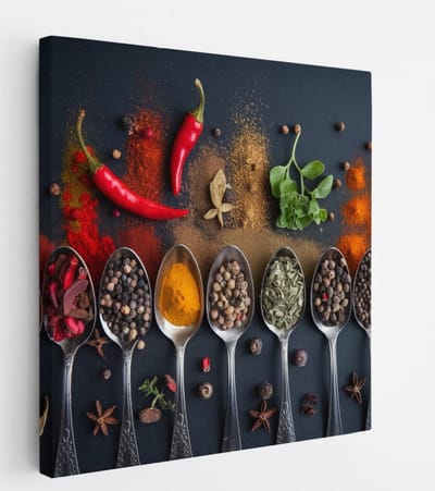 Saammp Canvas Schilderij - Lepels met specerijen - 20x20 - Foto op canvas - Wanddecoratie - Muurdecoratie keuken - Slaapkamer decoratie - Canvas Print