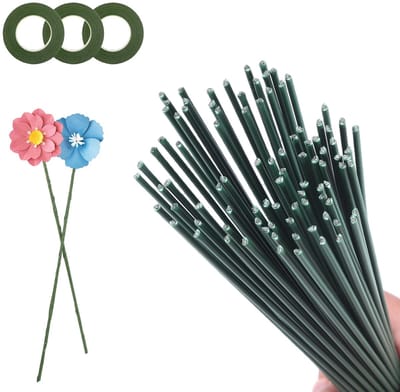 100 stuks bloemendraad, groen, bloemistendraad, 30 cm lange draad, 2 mm pijpenrager om te knutselen, met 3 rollen plakband voor doe-het-zelf bloemstukken en kunstbloemslingers