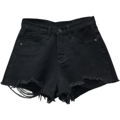 Nieuwe Zomer Koreaanse Versie van Relaxte Pasvorm Gescheurde Hoge Taille Verslankende A-lijn Kruimel Broek Zwarte Denim Shorts voor Dames B Praktisch Gebruik 2XL black