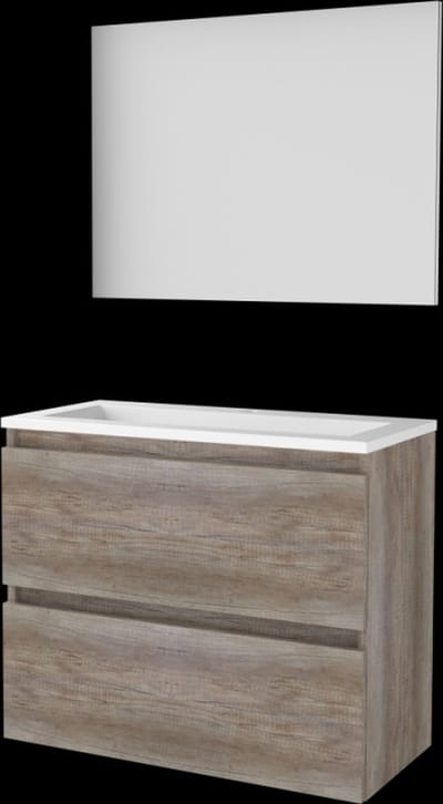 Basic-Line Basic 39 Badkamermeubelset - Ondiep - 80 x 39 cm - Greeploos - 2 Lades - Acryl Wastafel - 1 Kraangat - Spiegel - Scotch Oak