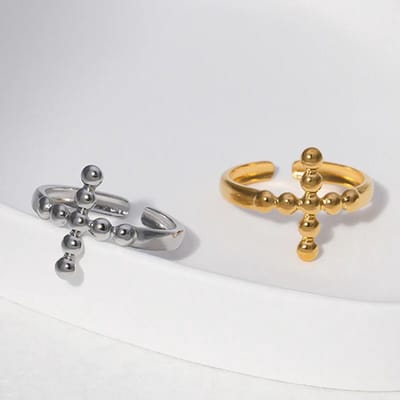 Aramat Jewels | Ringen | Stalen Verstelbare Open Ring - Kruis van Dots - One Size | Zilverkleur | |14mm | Staal | Volwassenen | Verkleurd niet