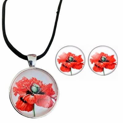 2-Delig- Clip oorbellen met ketting -Papaver-klaproos - Charme Bijoux