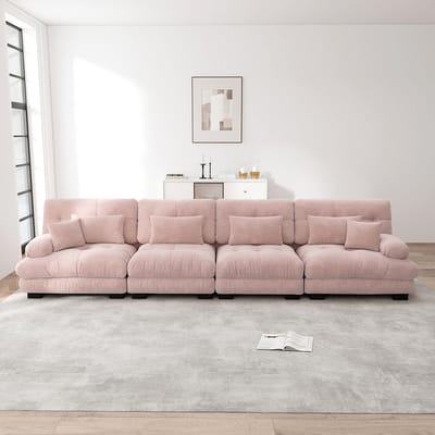 BLACKCOLORS Modulaire hoekbank met 4 zitplaatsen en diepe zitting, comfortabel gestoffeerde slaapbank in chenille voor woonkamer, appartement, studio, kantoor, roze chenille