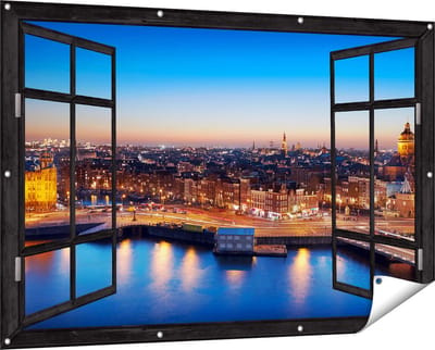 Gards Tuinposter Doorkijk Amsterdam Centrum in de Nacht - 150x100 cm - Tuindoek - Tuindecoratie - Wanddecoratie buiten - Tuinschilderij