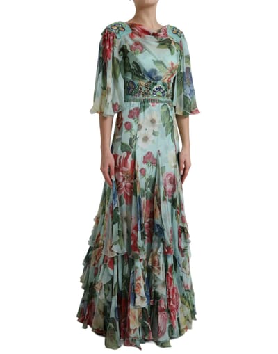Floralprint Zijde Chiffon Lange Jurk