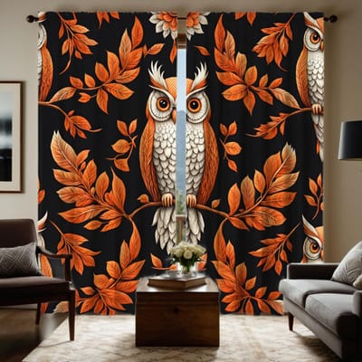 2 stuks gordijn met uilversiering op HD esdoornbladtak Zwart lint digitaal bedrukt gordijn Woondecoratiestijl Versierd livi W52H63inchW132H160cm brown