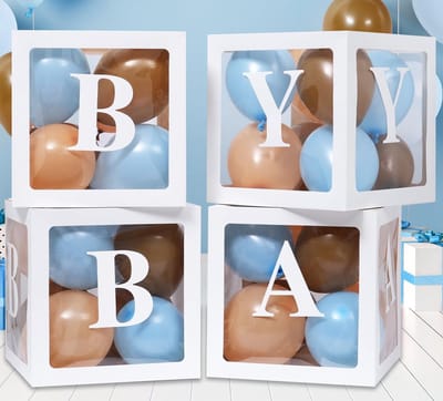 Vier ballon blokken Baby wit met 24 blauwe, bruine en beige nude ballonnen - ballon - box - blokken - ballon - teddy beer - babyshower - genderreveal