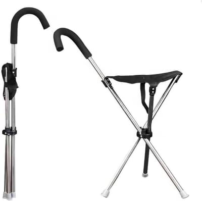 Wandelstok met Stoel - Opvouwbare Kruk - Rusten tijdens Wandelen - Driehoekige Stabiliteit - 83 cm - Zilver