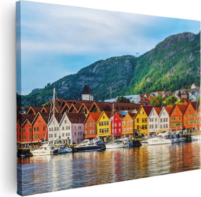 Artaza Canvas Schilderij Haven Bergen - 40x30 cm - Klein - Wanddecoratie Zeilboot - Muurdecoratie Skyline - Kamer Accessoires