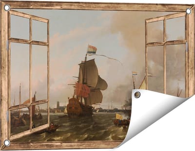 Gards Tuinposter Doorkijk Het Oorlogsschip Brielle op de Maas voor Rotterdam - Ludolf Bakhuysen - 60x40 cm - Tuindoek - Tuindecoratie - Wanddecoratie buiten - Tuinschilderij