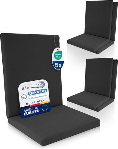 Beautissu QD-NL – Set van 5 Premium Tuinstoelkussens Lage Rug 105x48 cm – 100% Waterdicht – Weerbestendig – Sneldrogend – UV-bestendig – Antraciet