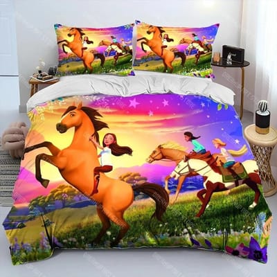 Cartoon Spirit Riding Free Paarden Dekbedovertrek Set 2_3 Stuks Jongens Meisjes Eenpersoons Tweepersoons Maat Dekbedovertrek Kussensloop Bed EU S King 260x220cm