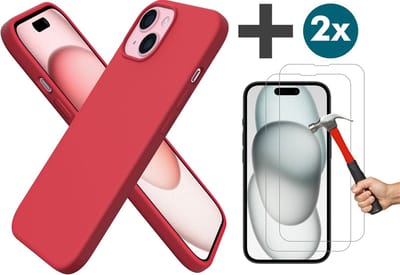 Arara Hoesje met 2 Stuks Screenprotectors Geschikt voor iPhone 15 Hoesje Siliconen - liquid Backcover - Rood