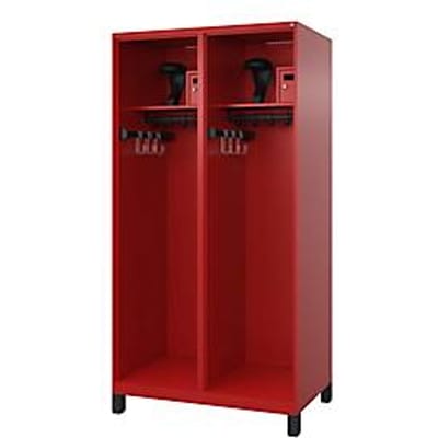 Brandweerkluis C+P Evolo Flexo, 2 compartimenten, helmhouder, met voeten, B 1000 x D 600 x H 1950 mm, RAL 3000 vuurrood/RAL 7021 zwartgrijs