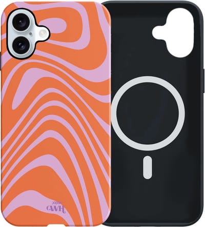 xoxo Wildhearts siliconen hoesje geschikt voor iPhone 16 MagSafe hoesje - Boogie Wonderland Orange - Double Layer - Magnetisch telefoonhoesje - Magneet case - Backcover met dubbele beschermlaag - Golvenprint - Golvend patroon - golven - Oranje