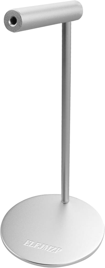 Elegante desktophouder voor over-ear hoofdtelefoons met ronde basis en stevige steunarm, ideaal voor een opgeruimde werkplek en optimale bescherming van je audioapparatuur