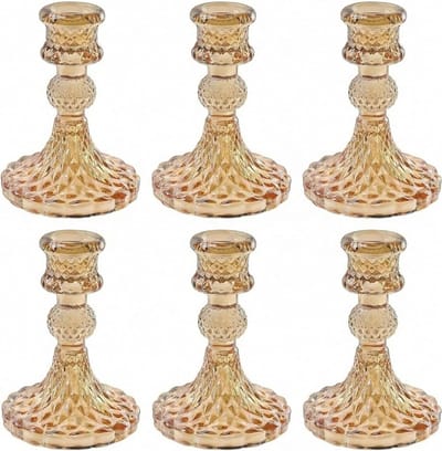 SnelShoppen - Set van 6 Elegante Amber Glazen Kaarsenhouders, Transparante Kaarsenhouder voor Stearin Kaarsen, Stijlvolle Tafeldecoratie voor Bruiloft