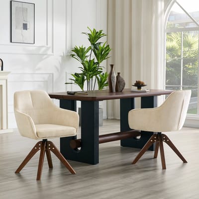 MODFU - Eetkamerstoelen - 360° Draaibaar - Met Armleuningen - Modern - Hout En Stof - Walnootkleur En Crème - 2-Delige Set
