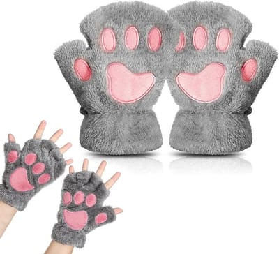 Vingerloze handschoenen voor dames, schattige kattenpoot handschoenen, warme winterhandschoenen voor cosplay en dagelijks gebruik, grijs, 18*13*3cm