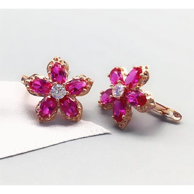 585 Paars Verguld 14K Roségoud Ingezette Bloem Robijn Oorbellen voor Dames Klassieke Glamour Luxe Verlovings Diner Sieraden brown