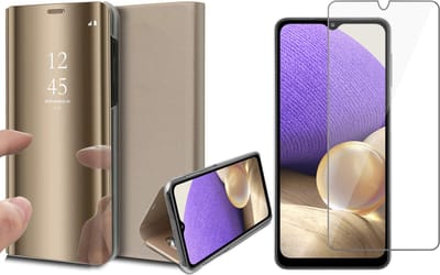 Hoesje geschikt voor Samsung Galaxy A32 5G - Screen Protector GlassGuard - Book Case Spiegel Goud & Screenprotector
