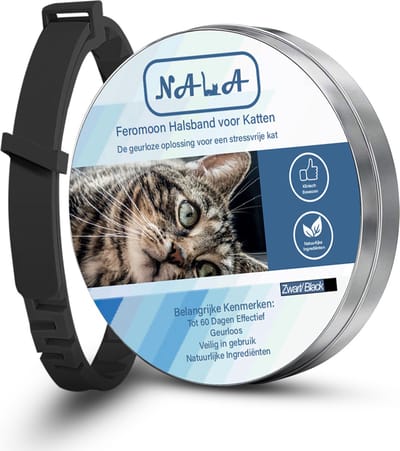 Nala Katten Feromoon Halsband – Geurloze Kalmerende Halsband met Synthetische Feromonen – zwart – Voor Stressvermindering en Ontspanning – Geschikt voor Alle Kattenrassen en Levensfasen – Verbeter Gedrag en Creëer een Rustige Omgeving