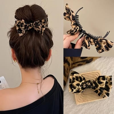 1 stuk retro luipaardprint vlinderstrik stoffen haaienhaarclip schattige dierenprint haaraccessoire haaienhaarclip, paardenstaartstyling black