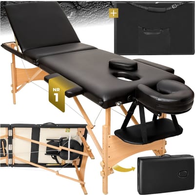 tectake® Draagbare Massagetafel - 3 Zones - Opvouwbaar en Verstelbaar - Voor Massage, Fysiotherapie en Tattoo - Incl. Draagtas - Zwart