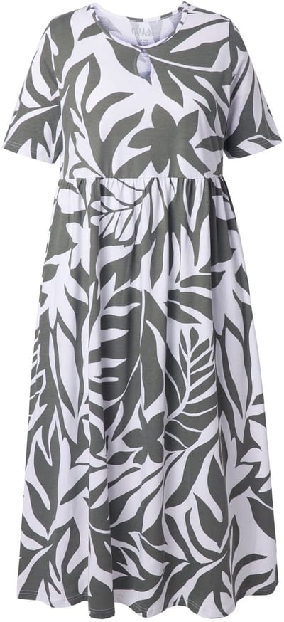 Ulla Popken - Dames - Maxi-jurk bladeren A-lijn ronde hals korte mouwen - Olijfgrijs - Maat 66+