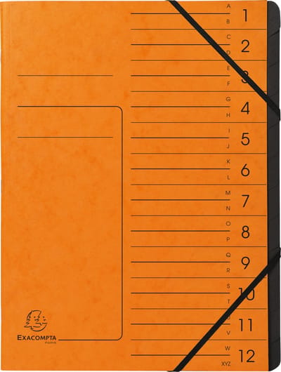 Exacompta 10x Sorteermap met vaste rug - elastosluiting - zwarte binnenafwerking - 12 vakken - A4 - Oranje - 541204E