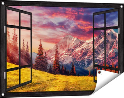Gards Tuinposter Doorkijk Alpen Landschap met een Kleurrijke Hemel - 90x60 cm - Tuindoek - Tuindecoratie - Wanddecoratie buiten - Tuinschilderij