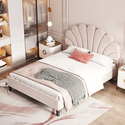 MEUNIQ gestoffeerd tweepersoons bed 140 x 200 cm met bloemvormig hoofdbord, lattenbodem en verstelbaar hoofdeinde, beige bedframe voor slaapkamer