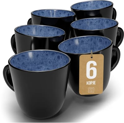 Pure Living Ibiza Dark Set Van 6 Koffiemokken - 435ml - Diepblauw - Aardewerk - Vaatwasserbestendig - Magnetronbestendig