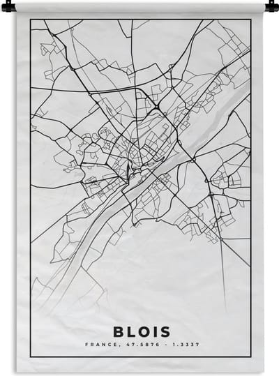 Wandkleed - Wanddoek - Kaart - Stadskaart - Frankrijk - Blois - Plattegrond - Zwart wit - 120x180 cm - Wandtapijt