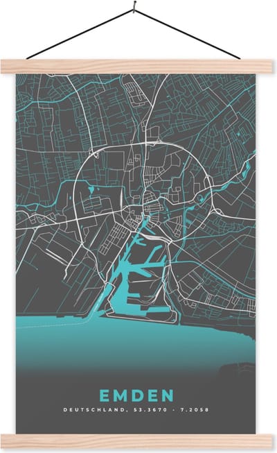 Posterhanger incl. Poster 40x60 cm - Schoolplaat - Plattegrond – Emden – Blauw – Stadskaart – Kaart - Duitsland - Textielposter - Blanke latten - Stadskaart