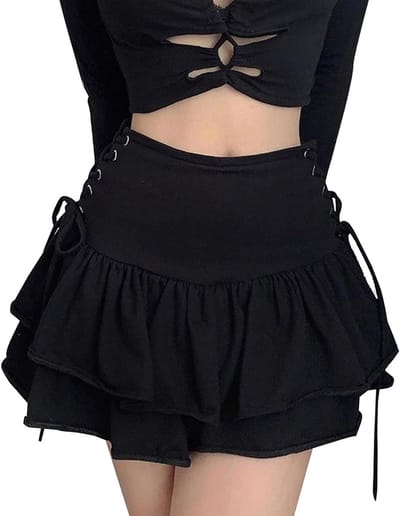 Zwarte Korte Punk Mini Rok voor Dames met Hoge Taille, A-lijn en Kant - Perfect voor Steampunk en Cosplay Feesten, Beschikbaar in S M L XL