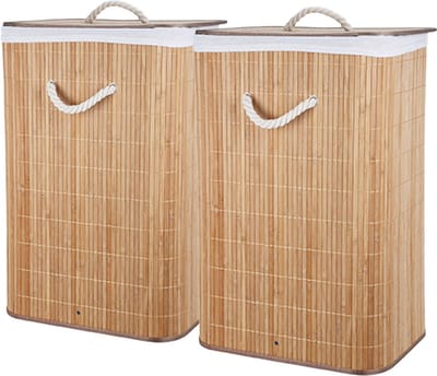 Storage Solutions Wasmand - 2x - bamboe hout - met deksel - naturel - 40 x 30 x 60 cm - 70 liter - opvouwbaar